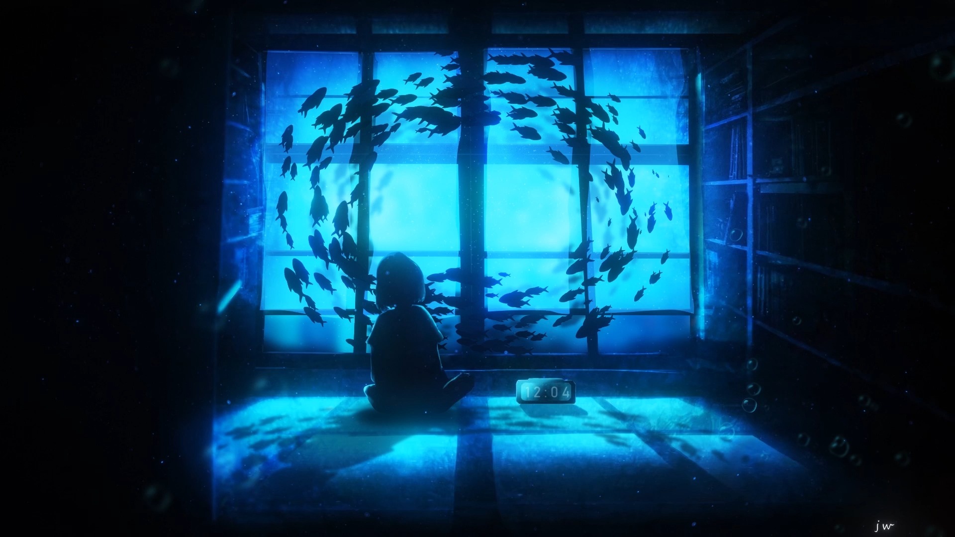 Anime girl sitting near aquarium