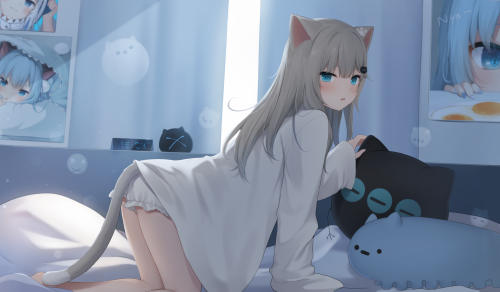 猫羽雫蓝色眼睛女子尾巴女孩子猫耳 可爱二次元动漫4k壁纸