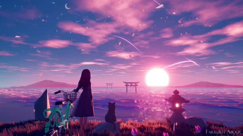 anime girl with cat looking towards sunset live wallpaper